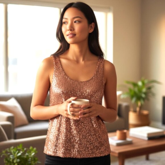 Women’s Petite Tank Top Size Small Copper Sequin Scoop Neck Lined Pullover - Picture 2 of 10